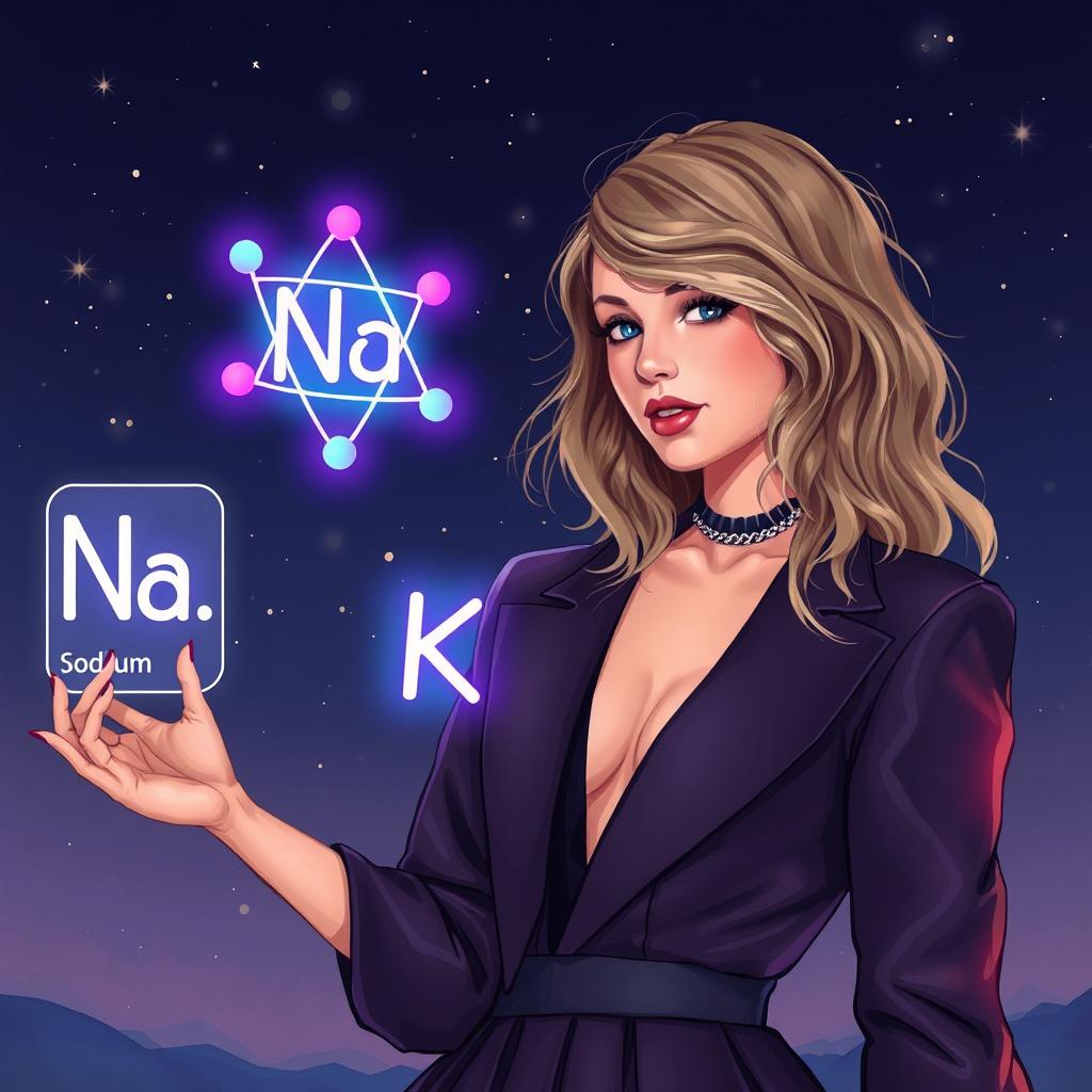 An artistic illustration of Taylor Swift from her 'Midnights' era, gracefully positioned alongside the chemical elements of Sodium (Na) and Potassium (K)