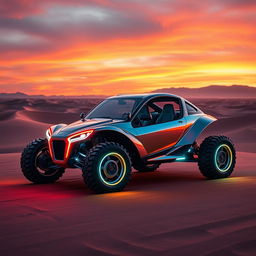 A futuristic rendition of a Buggy Fusca with a boxer engine, featuring sleek, aerodynamic lines and a vibrant, metallic finish