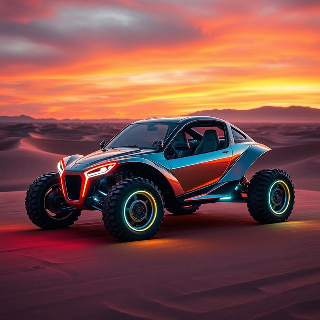 A futuristic rendition of a Buggy Fusca with a boxer engine, featuring sleek, aerodynamic lines and a vibrant, metallic finish