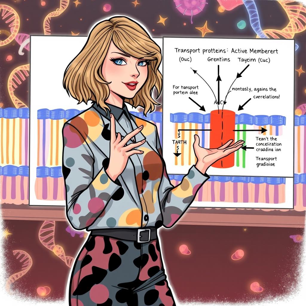 An engaging illustration of Taylor Swift from her 'The Taylor Swift Project' (TTPD) era, energetically explaining the process of active transport in the cell membrane