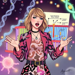 An engaging illustration of Taylor Swift from her 'The Taylor Swift Project' (TTPD) era, energetically explaining the process of active transport in the cell membrane