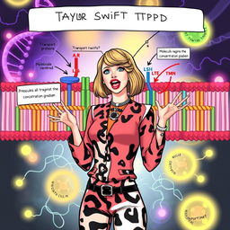 An engaging illustration of Taylor Swift from her 'The Taylor Swift Project' (TTPD) era, energetically explaining the process of active transport in the cell membrane