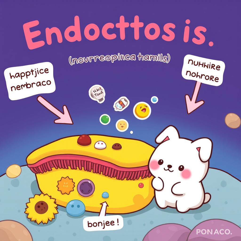 A vibrant and dynamic illustration depicting a cell membrane actively sinking in to capture substances, featuring Pochacco from Sanrio