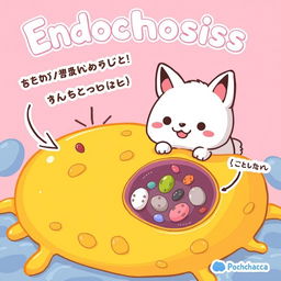 A vibrant and dynamic illustration depicting a cell membrane actively sinking in to capture substances, featuring Pochacco from Sanrio