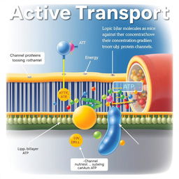 Illustration of active transport in a cell membrane, showcasing the dynamic process of molecules moving against their concentration gradient through protein channels