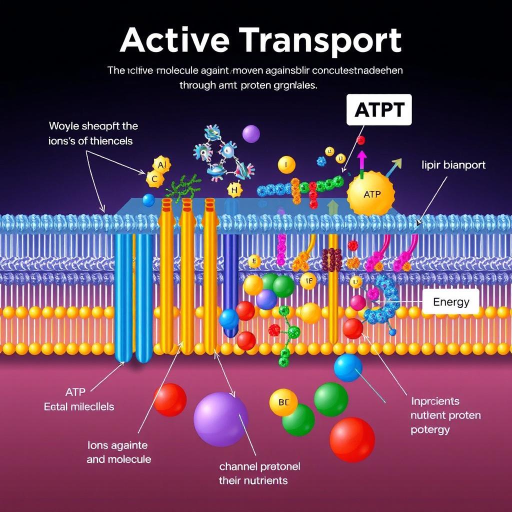 Illustration of active transport in a cell membrane, showcasing the dynamic process of molecules moving against their concentration gradient through protein channels