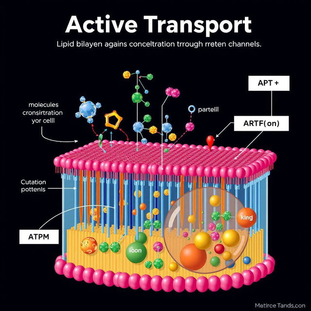 Illustration of active transport in a cell membrane, showcasing the dynamic process of molecules moving against their concentration gradient through protein channels