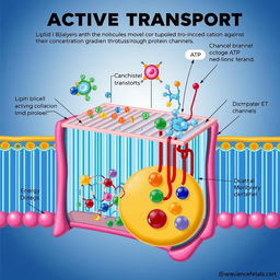 Illustration of active transport in a cell membrane, showcasing the dynamic process of molecules moving against their concentration gradient through protein channels