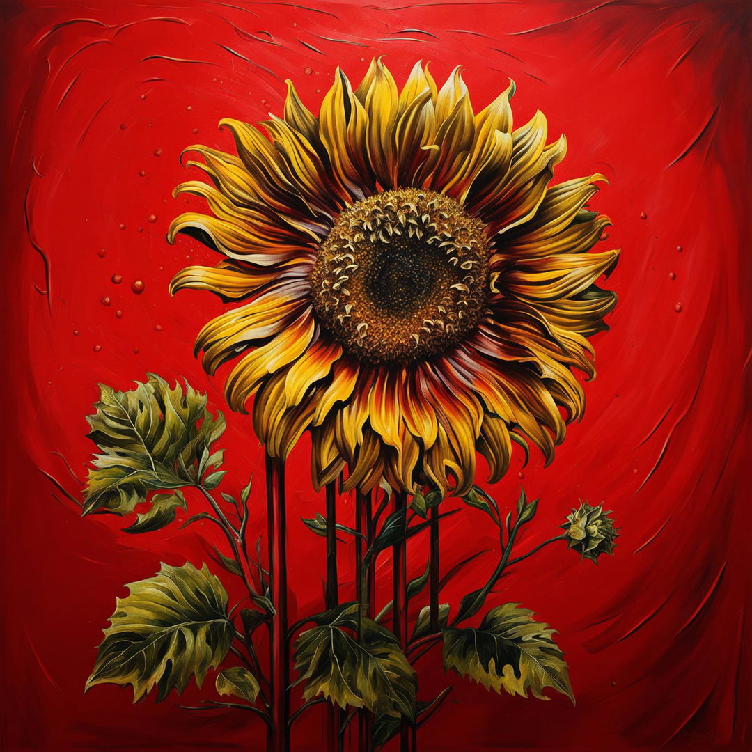 A vibrant sunflower painting on a bold red backdrop serving as album art.