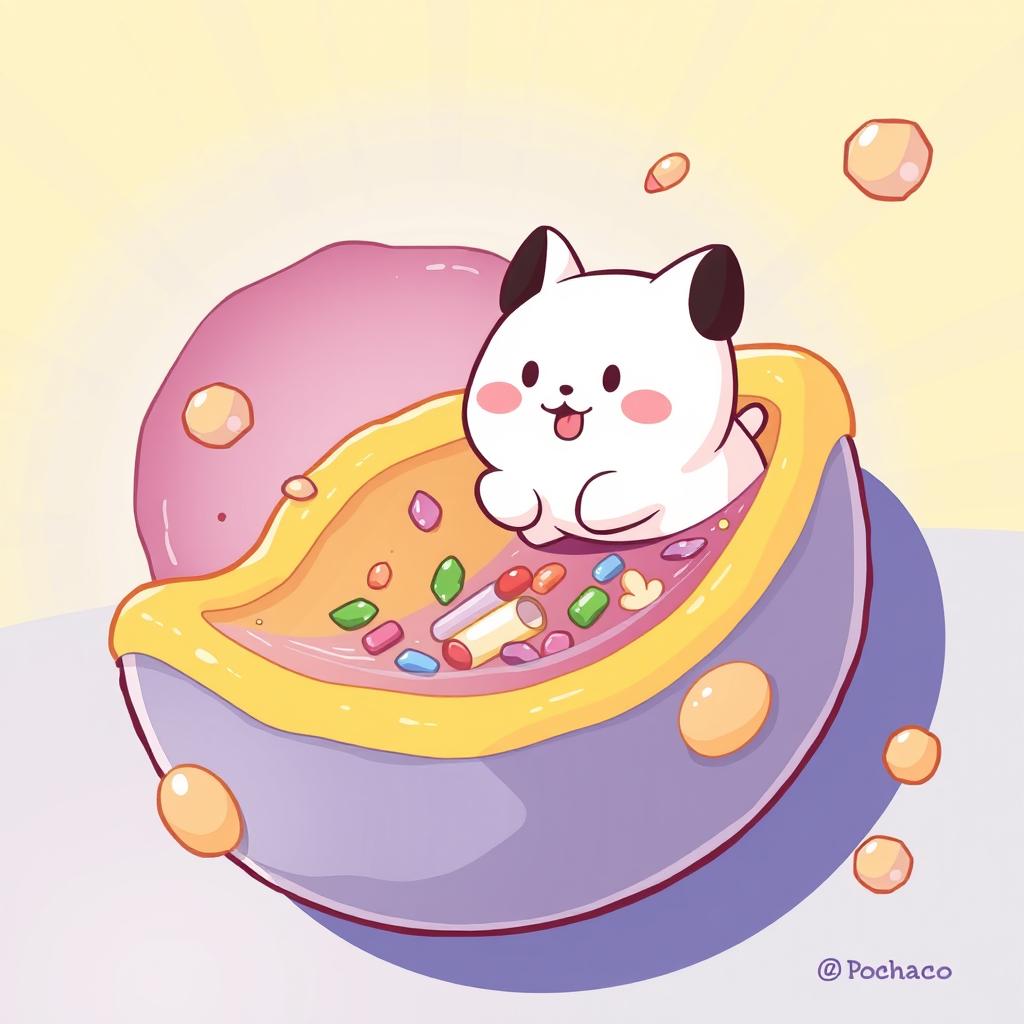 A vibrant illustration of a cell membrane actively sinking to capture substances, featuring Pochacco from Sanrio, the cute white dog with black ears