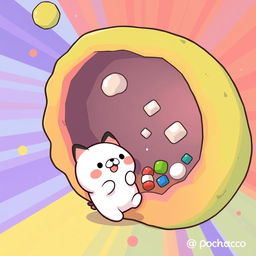 A vibrant illustration of a cell membrane actively sinking to capture substances, featuring Pochacco from Sanrio, the cute white dog with black ears