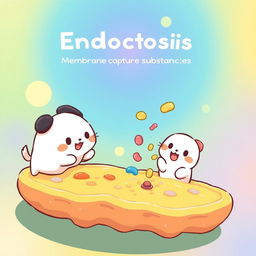 A vibrant illustration of a cell membrane actively sinking to capture substances, featuring Pochacco from Sanrio, the cute white dog with black ears