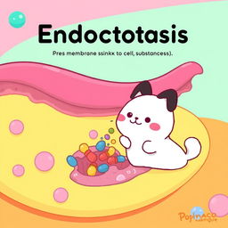 A vibrant illustration of a cell membrane actively sinking to capture substances, featuring Pochacco from Sanrio, the cute white dog with black ears