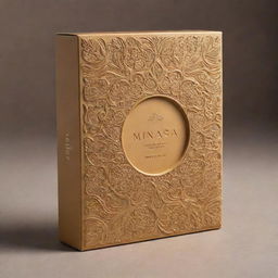 Design a packaging box in the shape of a Minasa biscuit from the Philippines. It should mimic the intricate patterns and golden-brown color of the biscuit while elegantly showing off the product's name 'KREMASA'