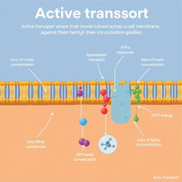 Illustration of active transport, displaying the process where molecules are moved across a cell membrane against their concentration gradient