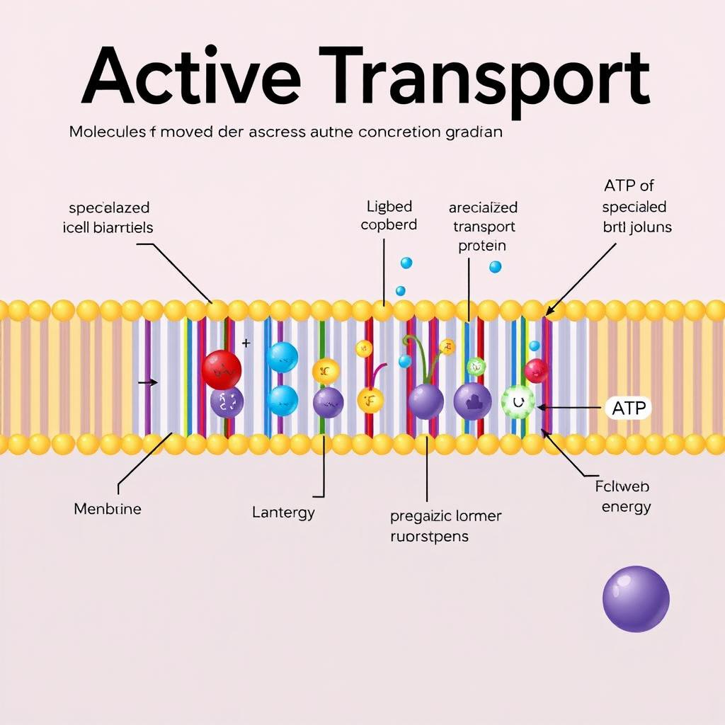 Illustration of active transport, displaying the process where molecules are moved across a cell membrane against their concentration gradient