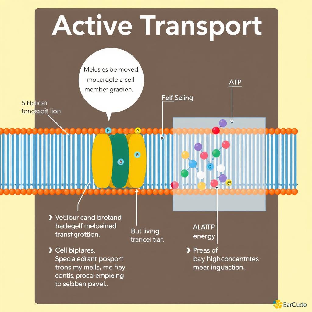 Illustration of active transport, displaying the process where molecules are moved across a cell membrane against their concentration gradient