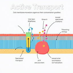 Illustration of active transport, displaying the process where molecules are moved across a cell membrane against their concentration gradient