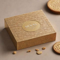 Design a packaging box in the shape of a Minasa biscuit from the Philippines. It should mimic the intricate patterns and golden-brown color of the biscuit while elegantly showing off the product's name 'KREMASA'