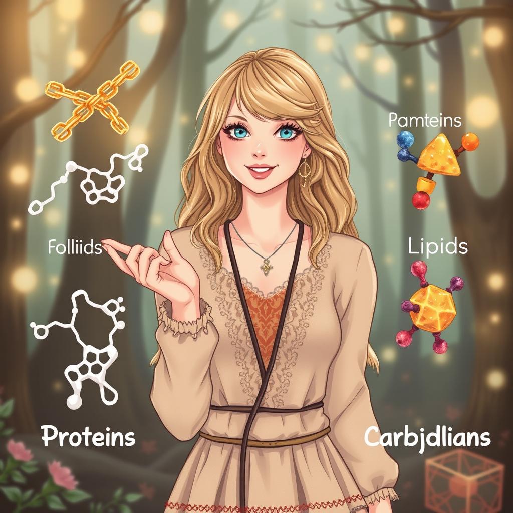 A charming illustration of Taylor Swift from her 'Folklore' era, beautifully positioned alongside depictions of Proteins, Lipids, and Carbohydrates