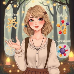 A charming illustration of Taylor Swift from her 'Folklore' era, beautifully positioned alongside depictions of Proteins, Lipids, and Carbohydrates