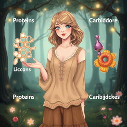 A charming illustration of Taylor Swift from her 'Folklore' era, beautifully positioned alongside depictions of Proteins, Lipids, and Carbohydrates