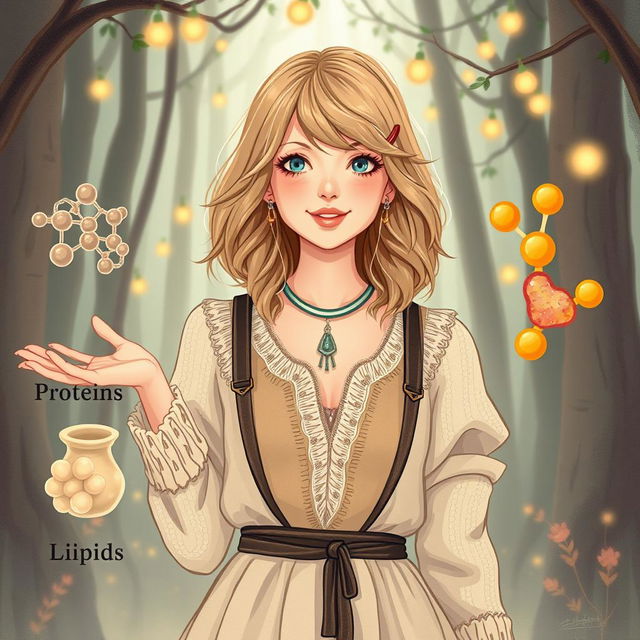 A charming illustration of Taylor Swift from her 'Folklore' era, beautifully positioned alongside depictions of Proteins, Lipids, and Carbohydrates