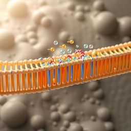 Realistic illustration of active transport across a cell membrane, depicting the intricate process where molecules are transported against their concentration gradient