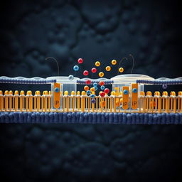 Realistic illustration of active transport across a cell membrane, depicting the intricate process where molecules are transported against their concentration gradient