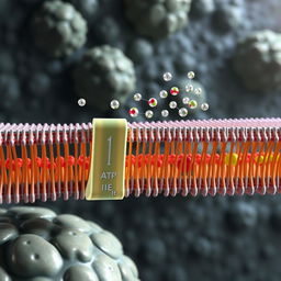 Realistic illustration of active transport across a cell membrane, depicting the intricate process where molecules are transported against their concentration gradient