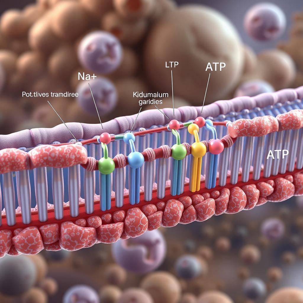 Highly detailed and realistic illustration of active transport in a cell membrane