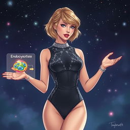 An electrifying illustration of Taylor Swift in a striking bodysuit from her 'Midnights' album era, passionately explaining the processes of endocytosis and exocytosis