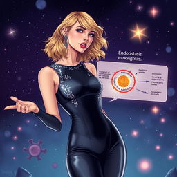 An electrifying illustration of Taylor Swift in a striking bodysuit from her 'Midnights' album era, passionately explaining the processes of endocytosis and exocytosis