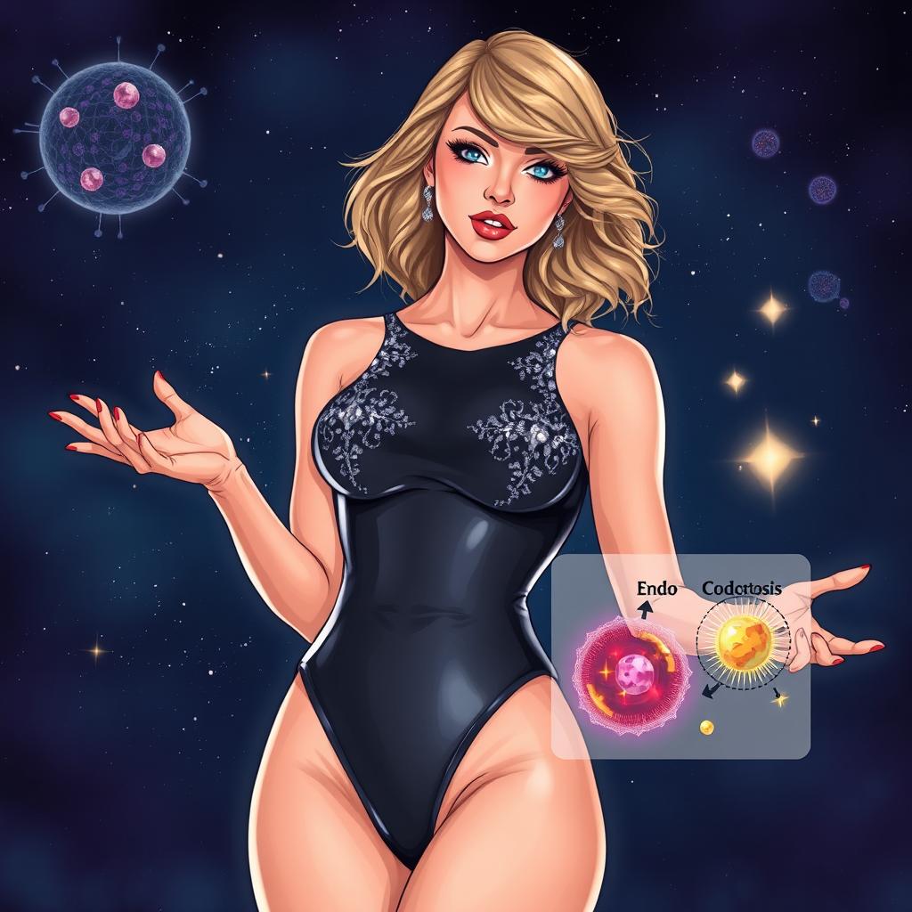 An electrifying illustration of Taylor Swift in a striking bodysuit from her 'Midnights' album era, passionately explaining the processes of endocytosis and exocytosis