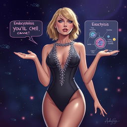 An electrifying illustration of Taylor Swift in a striking bodysuit from her 'Midnights' album era, passionately explaining the processes of endocytosis and exocytosis