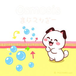 A whimsical illustration depicting the movement of water through a membrane from an area of high substance concentration to an area of lower substance concentration, featuring Pochacco from Sanrio, the cute white dog with black ears