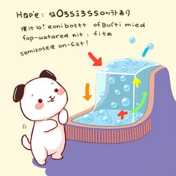 A whimsical illustration depicting the movement of water through a membrane from an area of high substance concentration to an area of lower substance concentration, featuring Pochacco from Sanrio, the cute white dog with black ears