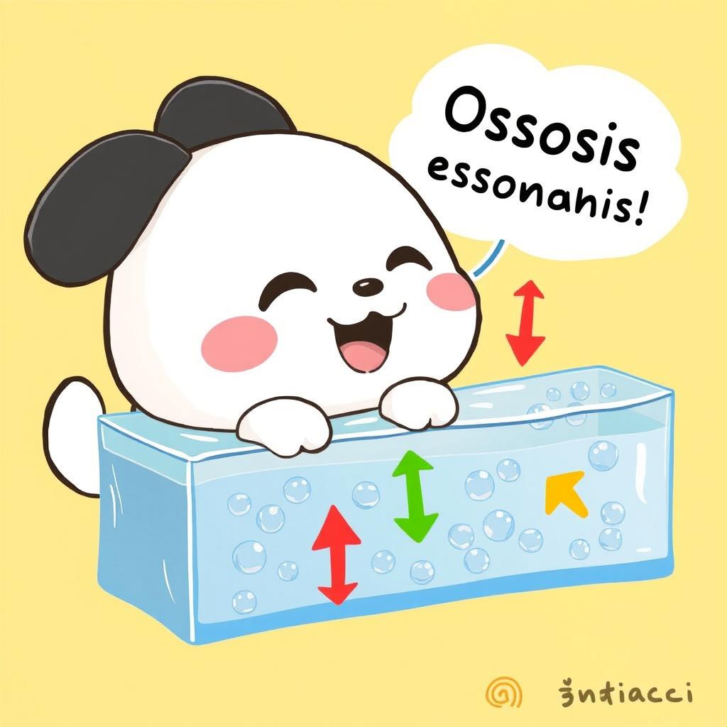 A whimsical illustration depicting the movement of water through a membrane from an area of high substance concentration to an area of lower substance concentration, featuring Pochacco from Sanrio, the cute white dog with black ears