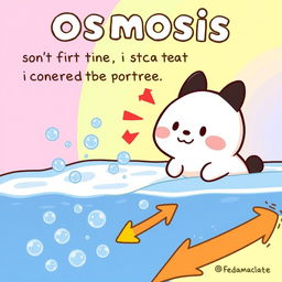 A whimsical illustration depicting the movement of water through a membrane from an area of high substance concentration to an area of lower substance concentration, featuring Pochacco from Sanrio, the cute white dog with black ears