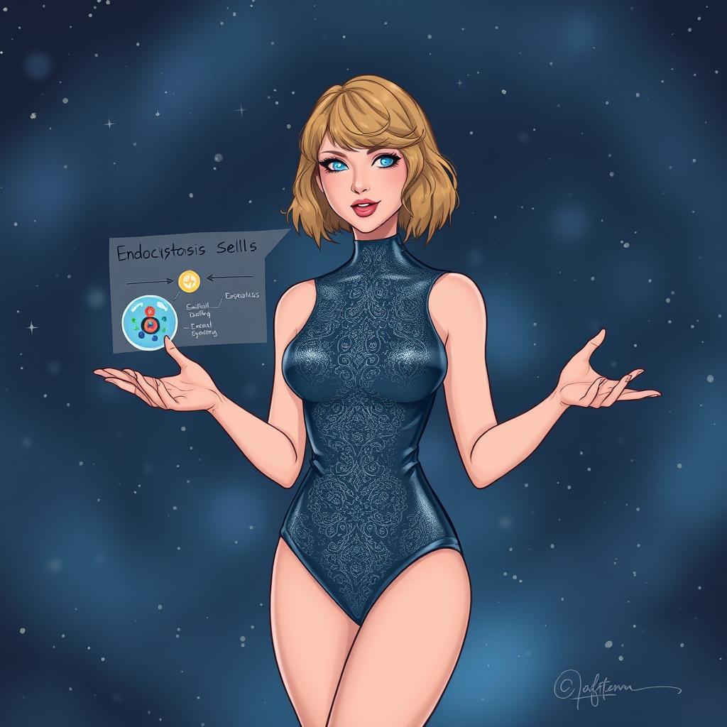 An intriguing illustration of Taylor Swift from her 'Midnights' era, enthusiastically explaining the processes of endocytosis and exocytosis