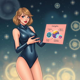 An intriguing illustration of Taylor Swift from her 'Midnights' era, enthusiastically explaining the processes of endocytosis and exocytosis