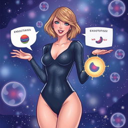 An intriguing illustration of Taylor Swift from her 'Midnights' era, enthusiastically explaining the processes of endocytosis and exocytosis