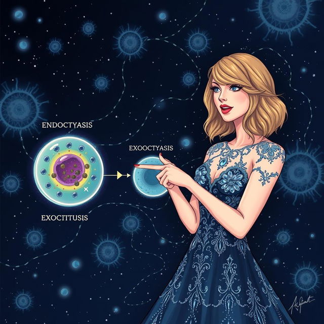 An engaging illustration of Taylor Swift wearing a stunning dress from her 'Midnights' era, passionately explaining the processes of endocytosis and exocytosis