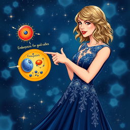 An engaging illustration of Taylor Swift wearing a stunning dress from her 'Midnights' era, passionately explaining the processes of endocytosis and exocytosis