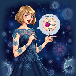 An engaging illustration of Taylor Swift wearing a stunning dress from her 'Midnights' era, passionately explaining the processes of endocytosis and exocytosis