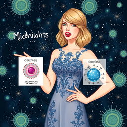 An engaging illustration of Taylor Swift wearing a stunning dress from her 'Midnights' era, passionately explaining the processes of endocytosis and exocytosis