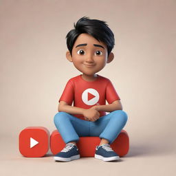 3D illustration of a handsome boy in modern Indian attire, casually sitting on top of the YouTube logo. The boy is portrayed in his own YouTube profile page named 'Smart Graphics', with his character image as the profile picture.