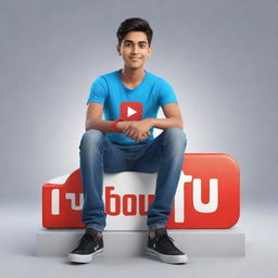 3D illustration of a handsome boy in modern Indian attire, casually sitting on top of the YouTube logo. The boy is portrayed in his own YouTube profile page named 'Smart Graphics', with his character image as the profile picture.