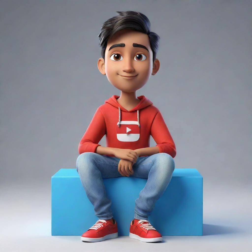 3D illustration of a handsome boy in modern Indian attire, casually sitting on top of the YouTube logo. The boy is portrayed in his own YouTube profile page named 'Smart Graphics', with his character image as the profile picture.