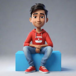 3D illustration of a handsome boy in modern Indian attire, casually sitting on top of the YouTube logo. The boy is portrayed in his own YouTube profile page named 'Smart Graphics', with his character image as the profile picture.